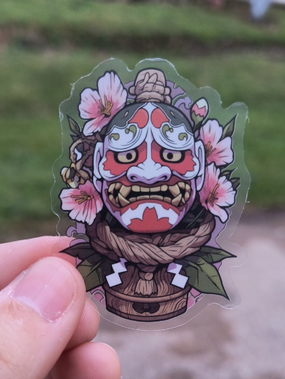 Decorative Floral Oni Mask Sticker – Pink & Red